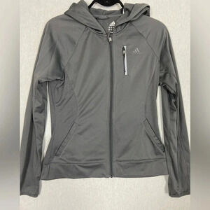 Adidas Gray Running Full Zip Hoodie Jacket Reflective Chest Pocket Sz M